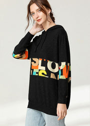 Beautiful Black hooded Patchwork Print Top