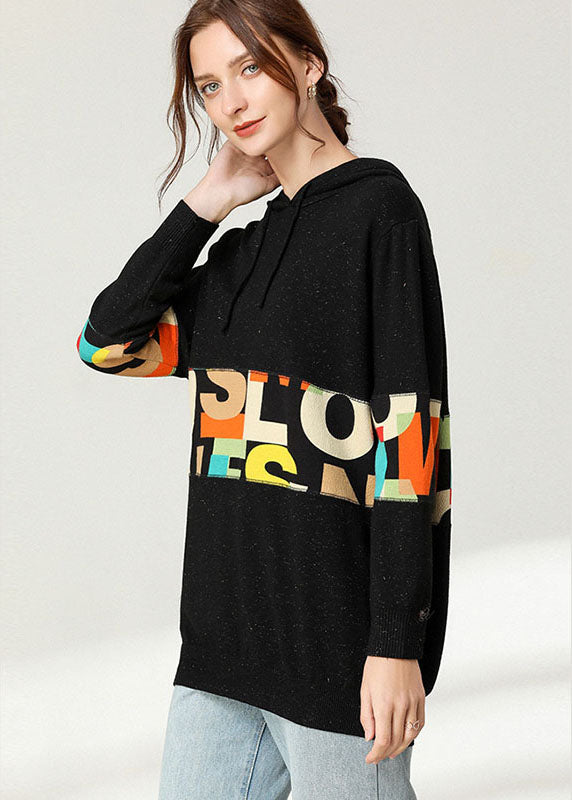 Beautiful Black hooded Patchwork Print Top