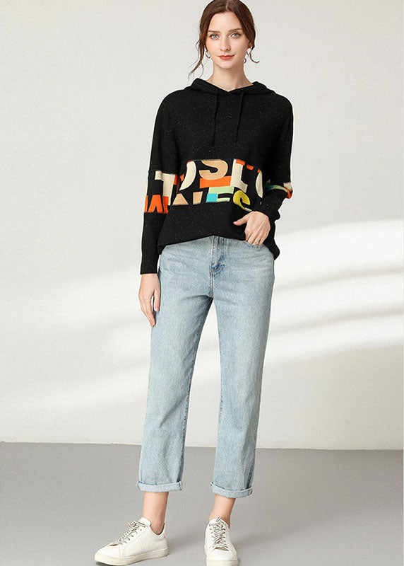 Beautiful Black hooded Patchwork Print Top