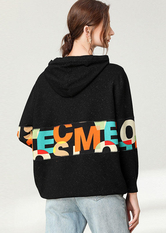 Beautiful Black hooded Patchwork Print Top