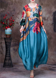 Beautiful Blue O-Neck Print 2025 Silk Long Dress Bracelet Sleeve