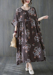 Beautiful Coffee Patchwork Print Summer Vacation Dress Half Sleeve - SooLinen