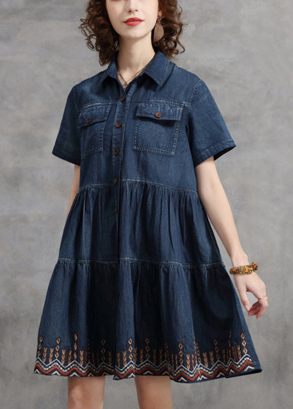 Beautiful Denim Blue Peter Pan Collar Embroideried Cotton Shirt Dress Short Sleeve