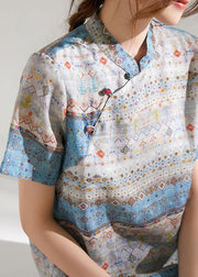 Beautiful Grey Blue Print Chinese Style Summer Ramie Short Sleeve Shirts - SooLinen