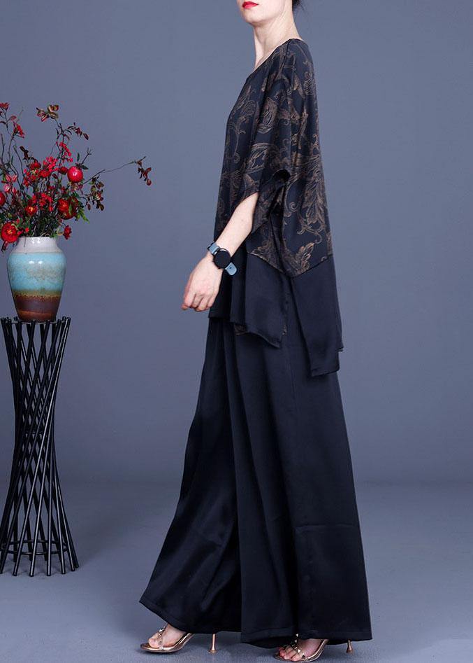Beautiful Navy Print Patchwork long smock Wide Leg Silk Two Pieces Set - SooLinen