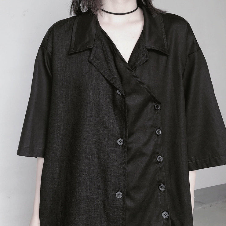 Beautiful Notched Patchwork Tunic Shape Black blouses - SooLinen