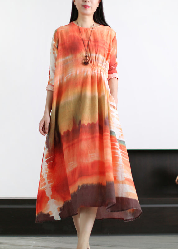 Wunderschönes orangefarbenes, faltiges, asymmetrisches Leinenkleid mit langen Ärmeln