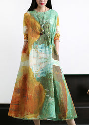 Wunderschönes orangefarbenes, faltiges, asymmetrisches Leinenkleid mit langen Ärmeln