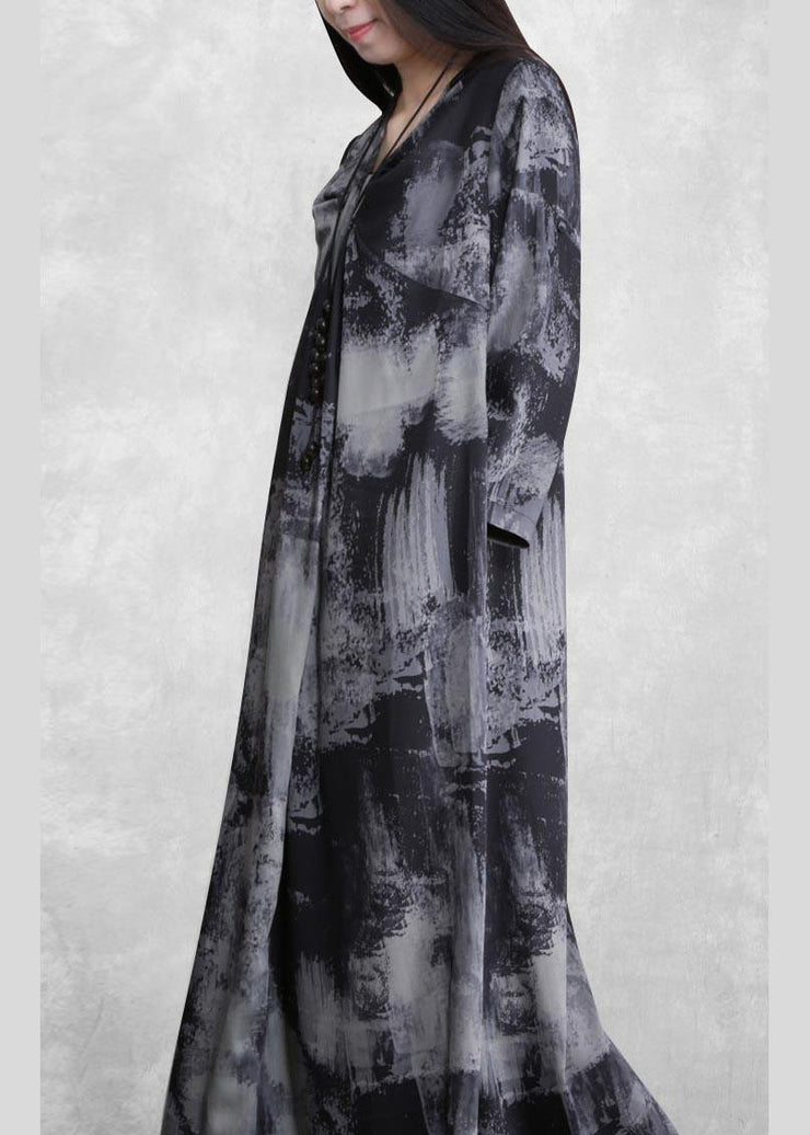 Beautiful V Neck Asymmetric Quilting Clothes Design Gray Print Maxi Dress - SooLinen