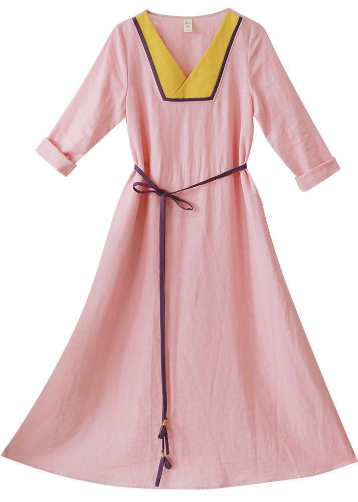 Beautiful V Neck Patchwork Spring Clothes Fabrics Pink Maxi Dress - SooLinen
