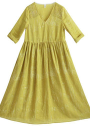 Beautiful V Neck Tie Waist Summer Clothes For Women Fashion Ideas Yellow Loose Dress - SooLinen
