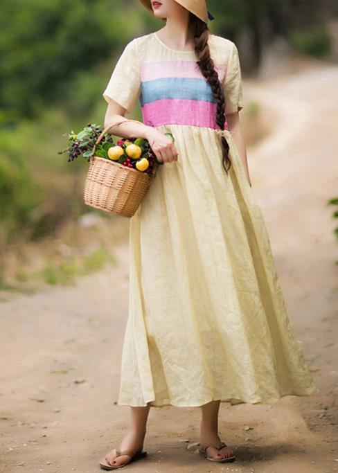 Beautiful Yellow Tunic Dress O Neck Patchwork Traveling Summer Dresses - SooLinen