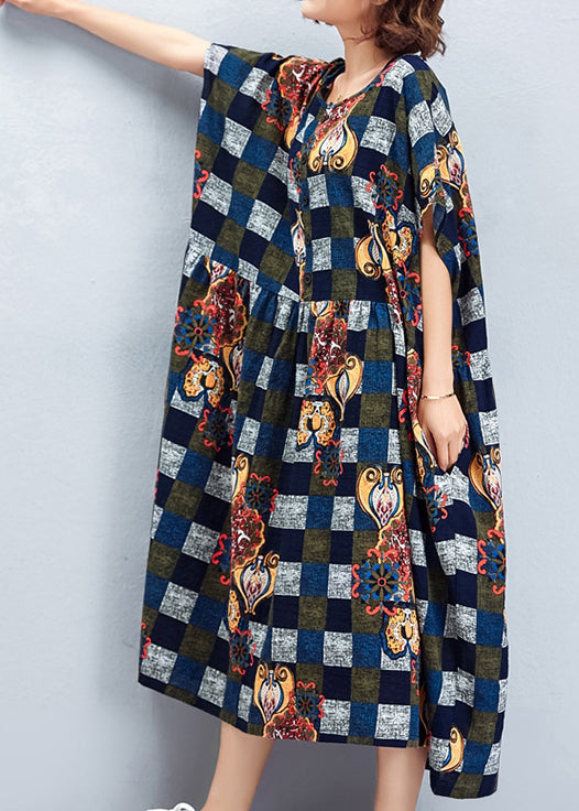 Beautiful blue Plaid cotton dresses Vintage Fabrics o neck large hem cotton summer Dress