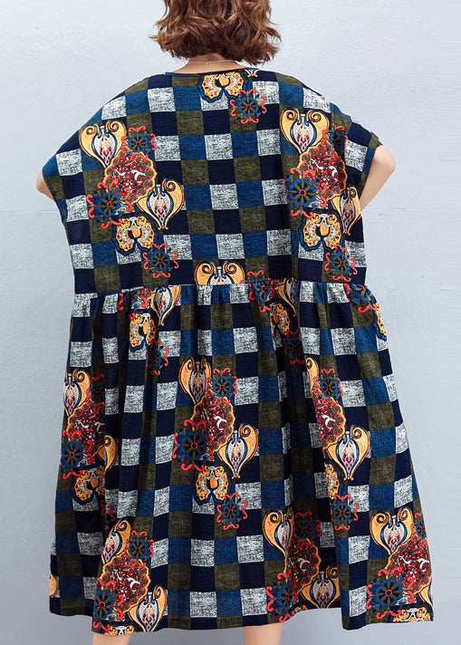 Beautiful blue Plaid cotton dresses Vintage Fabrics o neck large hem cotton summer Dress