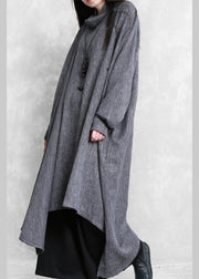 Beautiful gray Plaid linen clothes high neck asymmetric Traveling Dresses - SooLinen