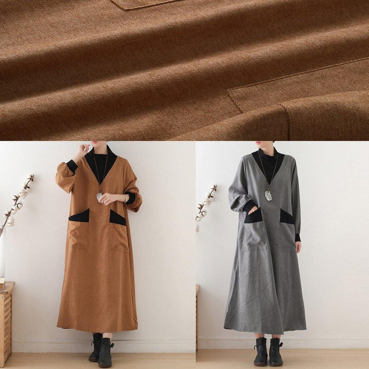 Beautiful gray cotton quilting clothes high neck patchwork Dresses fall Dresses - SooLinen