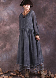 Beautiful gray long sleeve linen cotton clothes For Women Cinched long summer Dresses - SooLinen