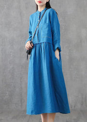 Beautiful green linen clothes For Women o neck patchwork Maxi spring Dresses - SooLinen