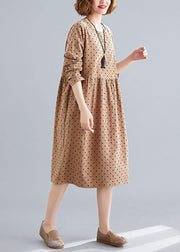 Beautiful khaki dotted Cotton quilting dresses o neck Cinched oversized spring Dress - SooLinen