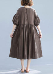 Beautiful lantern sleeve cotton quilting clothes Shape dark khaki o neck Plus Size Dress summer - SooLinen