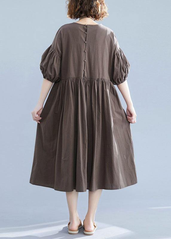 Beautiful lantern sleeve cotton quilting clothes Shape dark khaki o neck Plus Size Dress summer - SooLinen