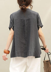 Beautiful o neck asymmetric linen summer tops silhouette Tutorials navy shirt - SooLinen