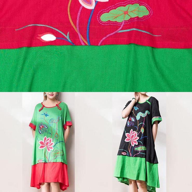 Beautiful o neck patchwork cotton linen quilting dresses Inspiration green embroidery Dress summer - SooLinen