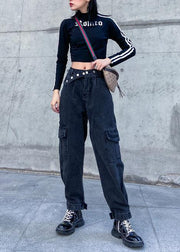 Beautiful pockets casual pants  black gray pattern wild women pants - SooLinen