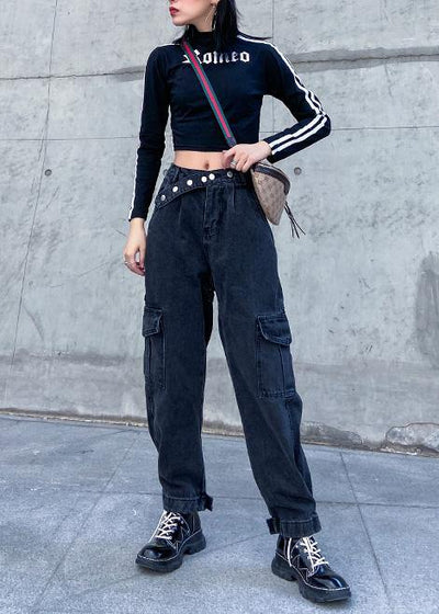 Beautiful pockets casual pants  black gray pattern wild women pants - SooLinen