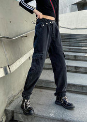 Beautiful pockets casual pants  black gray pattern wild women pants - SooLinen