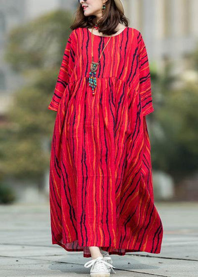 Beautiful Red Striped Linen Cotton Robes O Neck Large Hem Traveling Summer Dresses - SooLinen