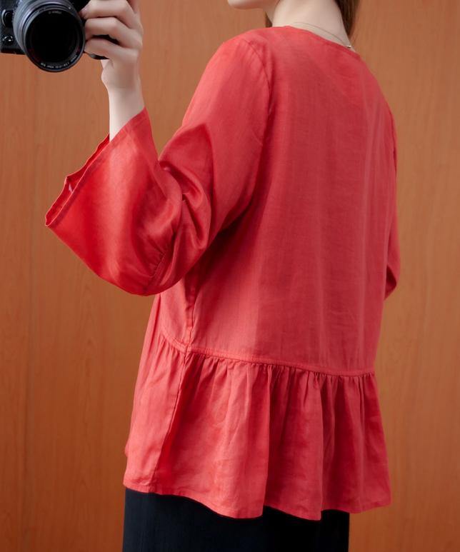Beautiful red tunics for women v neck Ruffles loose summer blouses - SooLinen