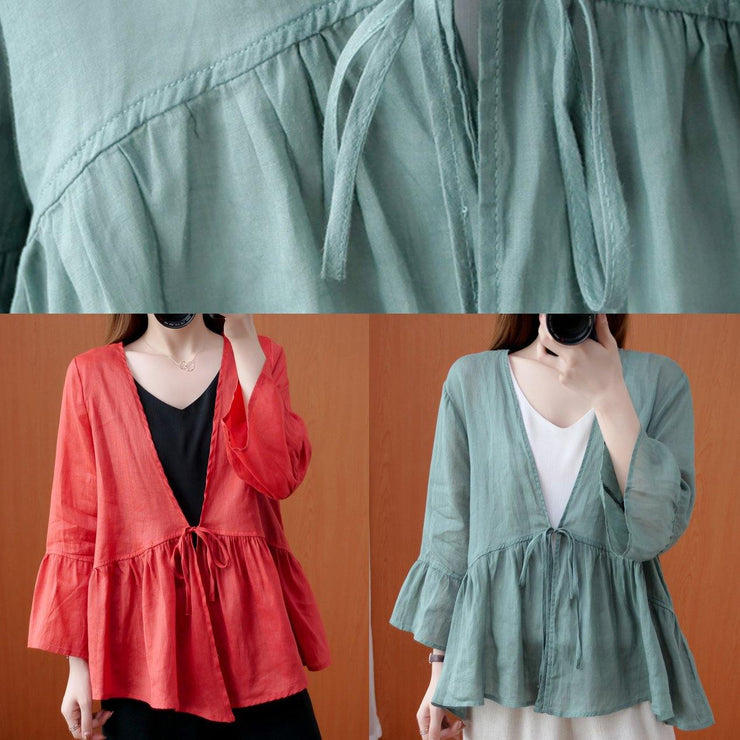 Beautiful red tunics for women v neck Ruffles loose summer blouses - SooLinen