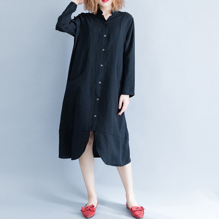 Schöne Tuniken aus Baumwolle mit Stehkragen, lässige Kleiderschränke, schwarzes, übergroßes Kleid