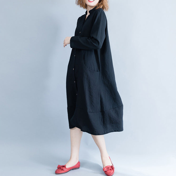 Schöne Tuniken aus Baumwolle mit Stehkragen, lässige Kleiderschränke, schwarzes, übergroßes Kleid