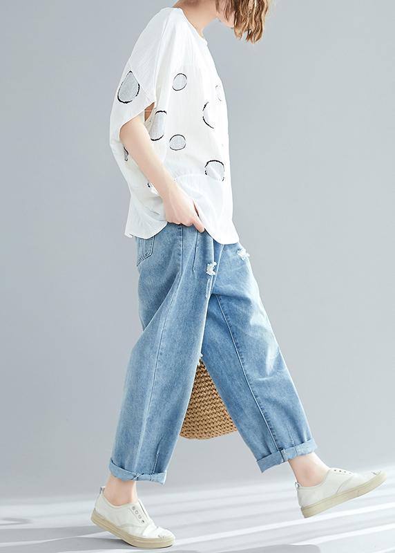 Beautiful white dotted cotton linen tops women plus size design o neck Batwing Sleeve short Summer tops - SooLinen