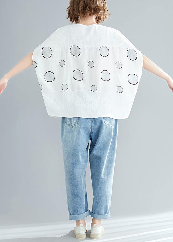 Beautiful white dotted cotton linen tops women plus size design o neck Batwing Sleeve short Summer tops - SooLinen