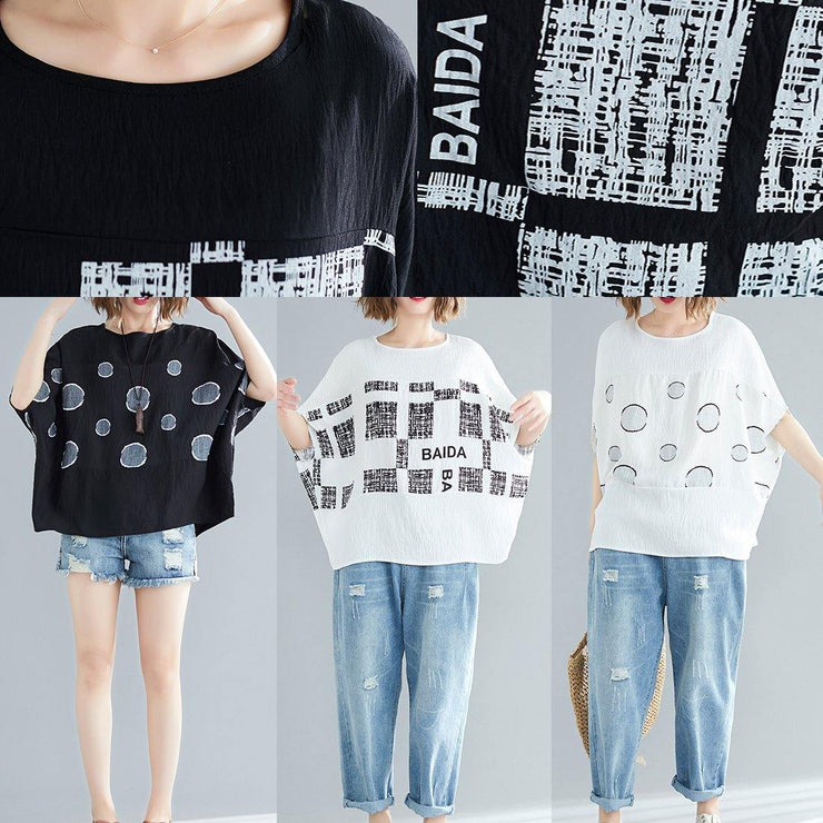 Beautiful white dotted cotton linen tops women plus size design o neck Batwing Sleeve short Summer tops - SooLinen
