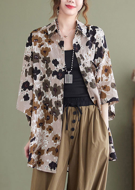 Beige Print Linen Loose Shirts Peter Pan Collar Button Half Sleeve