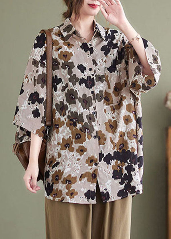 Beige Print Linen Loose Shirts Peter Pan Collar Button Half Sleeve