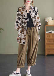 Beige Print Linen Loose Shirts Peter Pan Collar Button Half Sleeve