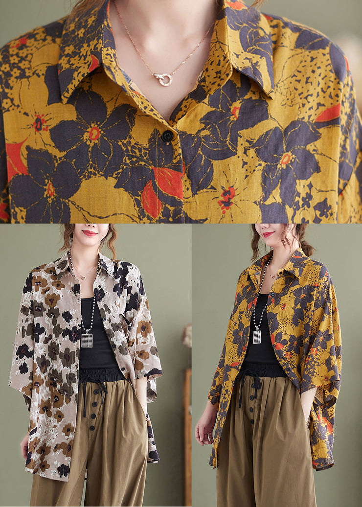 Beige Print Linen Loose Shirts Peter Pan Collar Button Half Sleeve