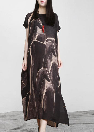 Black Chocolate Print Asymmetric Long Dresses O Neck - SooLinen