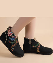 Black Embroideried Boots Cotton Fabric 2025 Zippered Ankle Boots