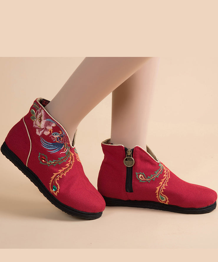 Black Embroideried Boots Cotton Fabric 2025 Zippered Ankle Boots