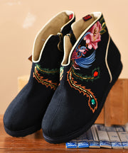 Black Embroideried Boots Cotton Fabric 2025 Zippered Ankle Boots