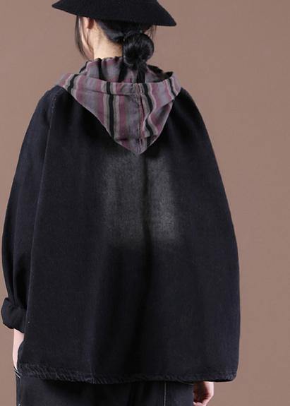 Black Fashion Trench Coat Drawstring Hooded Spring Outwear - SooLinen