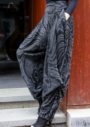 Schwarze, graue, dicke Harems-Winterhose mit hoher Taille