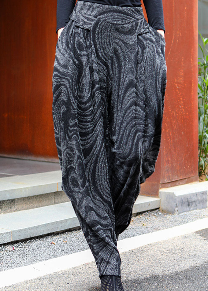 Schwarze, graue, dicke Harems-Winterhose mit hoher Taille