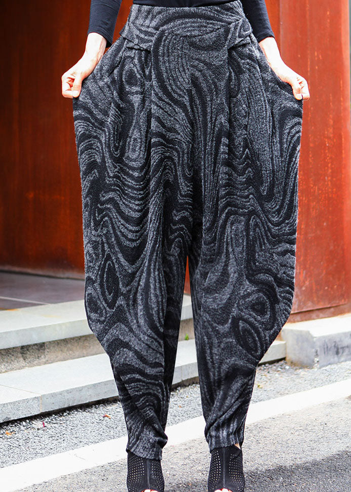 Schwarze, graue, dicke Harems-Winterhose mit hoher Taille